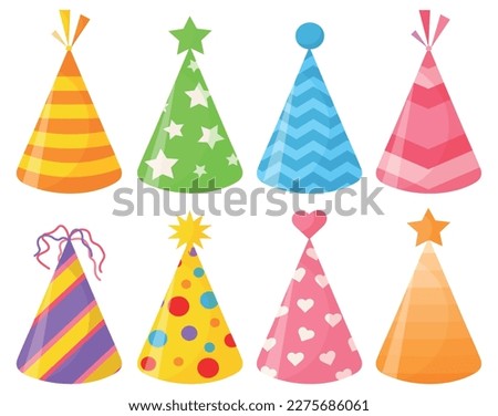 Vector cartoon image of festive hats on the head. The concept of parties and fun. A bright element for your design. Birthday. Royalty-Free Stock Photo #2275686061