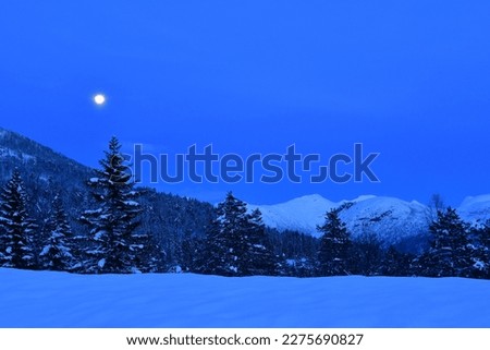 snow landscape in norway with full moon at night