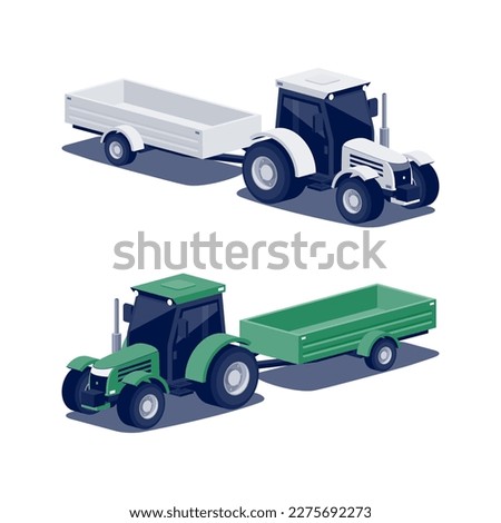 Isolated farming tractor with harvest trailer as agricultural equipment set. White and green tractor on white background. Isometric style vector illustration. Agriculture machinery for farm fieldwork. Royalty-Free Stock Photo #2275692273