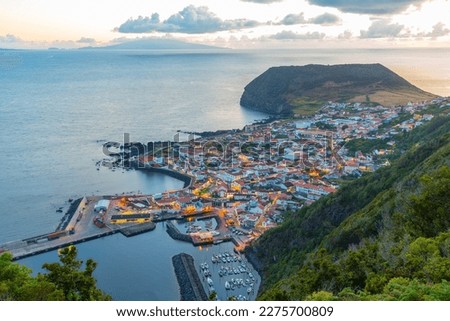Sunset view of Velas town at Sao Jorge island in Portugal.
