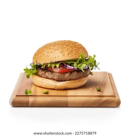 Photo Studio Photography of a simple burgers with beef meat salad and tomato sitting on a wooden board in a side view photography 