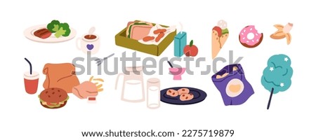 Food, snacks, meals, dishes set. Sweet desserts, eating, fruit, drinks. Sandwich in lunchbox, donut, burger, potato chips, cookies and milk. Flat vector illustration isolated on white background