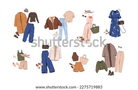 Stylish fashion outfit sets. Casual female apparels for different seasons. Women clothes, accessories, full looks in modern style. Flat graphic vector illustrations isolated on white background