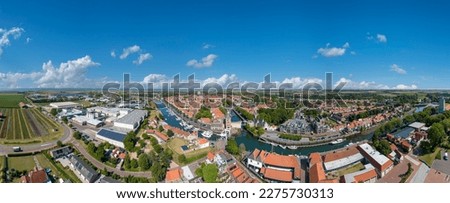 Aerial view, panoramic view with overall view of the city. Zierikzee in the Provinz  Zeeland in the Netherlands