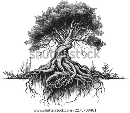 Tree with huge roots. Silhouette..