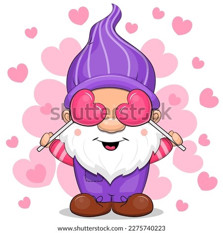 Cute cartoon gnome with two heart shaped candies. Vector illustration of a man with a beard on a white background with pink hearts.