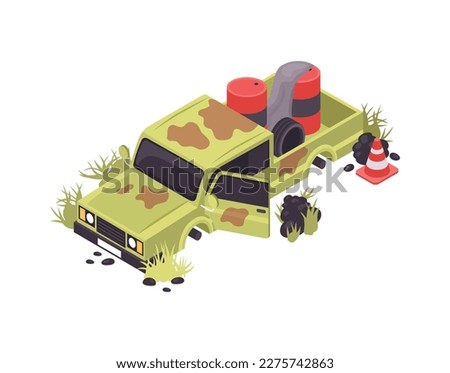 Isometric post apocalypse scene with adandoned dirty pickup truck and barrels 3d vector illustration