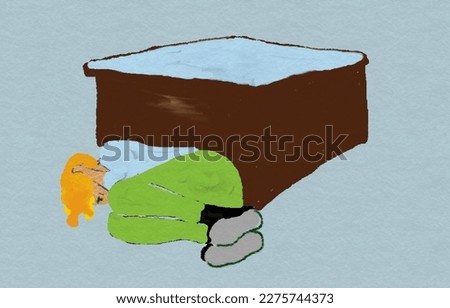 Student ducking under a table Earthquake.  gray background , survive design