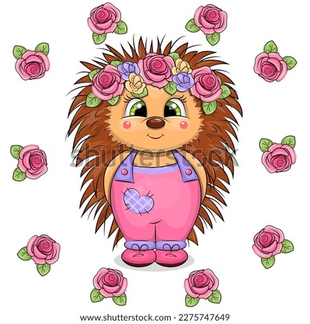 Cute cartoon hedgehog girl with a flower wreath in a frame of roses. Spring animal vector illustration on white background.