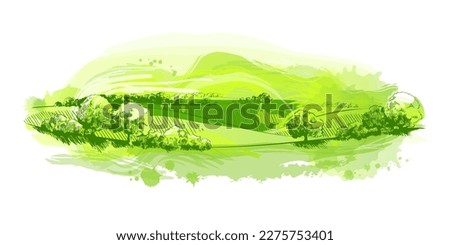 Watercolor field on small hills. Meadow green grass, grassland, pasturage, farm, trees. Rural scenery landscape panorama of countryside pastures. Hand drawn vector illustration