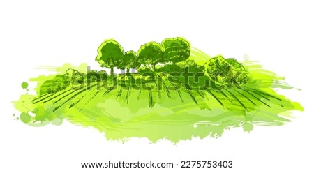 Watercolor field on small hills. Meadow green grass, grassland, pasturage, farm, trees. Rural scenery landscape panorama of countryside pastures. Hand drawn vector illustration Royalty-Free Stock Photo #2275753403