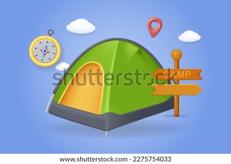 Camping tent concept 3D illustration. Icon composition with touristic tent, compass, direction signpost and location. Outdoors resting at forest and hiking. Vector illustration for modern web design