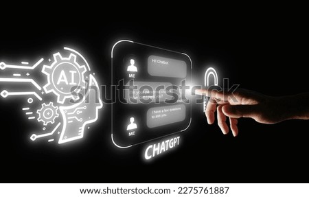 Finger activates chatting with a smart AI, large language model. Chat GPT, artificial intelligence chatbot. Future technology, business, and education  Royalty-Free Stock Photo #2275761887