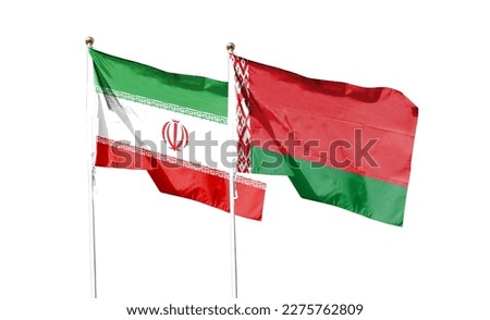 Iran flag and Belarus flag on cloudy sky. waving in the sky Royalty-Free Stock Photo #2275762809