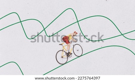 Contemporary art collage. Creative design. Young man, cyclist in uniform riding on abstract lines over grey background. Concept of summer, retro style, creativity, imagiation, fun. Copy space for ad Royalty-Free Stock Photo #2275764397