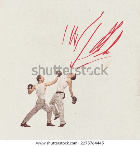 Contemporary art collage. Two young men in retro clothes fighting, boxing over grey background with abstract elements. Concept of imagination, retro style, creativity, fun. Copy space for ad, poster Royalty-Free Stock Photo #2275764445