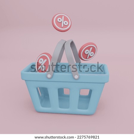 3D shop basket for grocery food. Empty bag on pink background. Realistic blue plastic cart for goods with sale symbols. Rendered illustration.