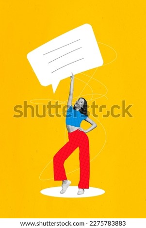 Creative poster banner collage of funny young lady hold white text box with lines advertising comment writing sms on social network