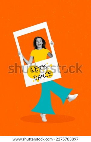 Template magazine collage of active crazy girl social network influencer show instant photo frame lets dance party hard