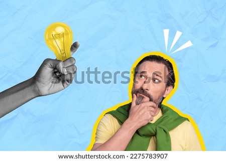 Creative magazine template picture collage of pensive thoughtful businessman deep thinking make solution light lamp bulb