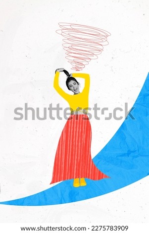Photo banner collage design template of careless youngster girl dance have fun relaxed wear retro painted clothes chill isolated on white background