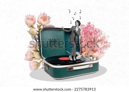 Creative photo design collage template advert sale vintage turntable gramophone vinyl player girl dance isolated on blooming flowers background