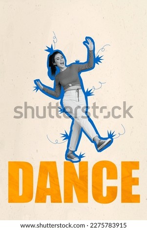 Photo placard of young careless girl dancing overjoyed have fun atmosphere blue concept entertainment isolated on white color background