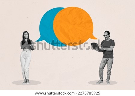 Banner poster collage of two people colleagues partners male girl use gadgets chatting texting sending email messages