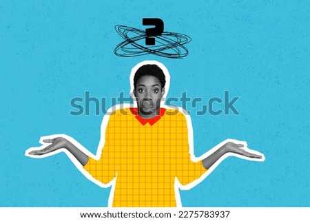 Collage photo of serious woman shrug shoulders no idea question mark dont know solution answer wear painted plaid shirt isolated on blue background Royalty-Free Stock Photo #2275783937