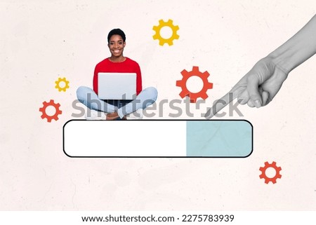 Creative collage photo of young successful positive programmer girl hold netbook download content graphic progress isolated on white background