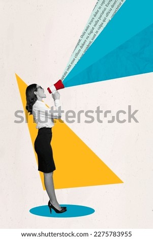 Poster banner collage of bossy entrepreneur business lady making reportage latest news message scream microphone megaphone Royalty-Free Stock Photo #2275783955