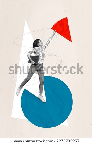 Composite collage of young excited business analytic woman jumping catch piece diagram finance statistics hold laptop isolated on grey background