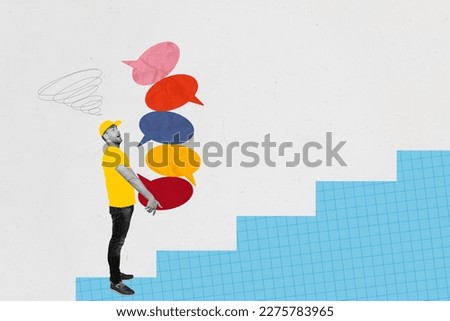 Creative drawing picture collage of young guy worker deliver many speech clouds social network forum clients answers