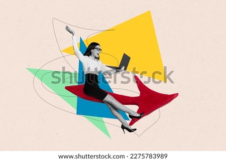 Creative image template collage of happy business lady ride red arrow up enjoy company financial develop netbook analysis