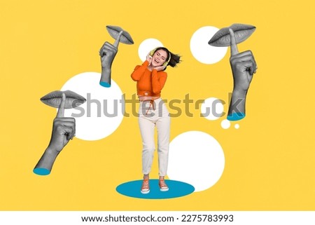 Photo picture creative collage of young girl carefree quality sound headphones shh silent sign finger lips mute isolated on yellow color background Royalty-Free Stock Photo #2275783993