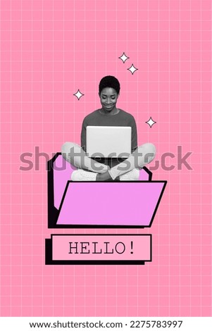 Creative collage young girl call center support manager work remote use laptop for job hello customer conversation isolated on pink plaid background