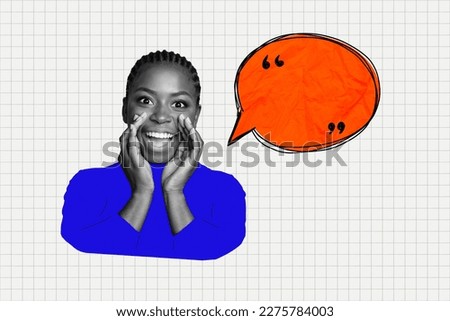Template collage of funny young lady hands mouth shouting discount drawing speech bubble on plaid copybook pattern background Royalty-Free Stock Photo #2275784003