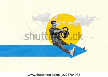 Creative template collage of young guy sit blue arrow directing making his route commute drive steering wheel Royalty-Free Stock Photo #2275784031