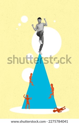 Creative web image collage of successful business guy reach top triangle mountain beat losers achievement concept