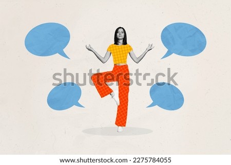 Creative magazine template of lady businesswoman worker meditating doing breathing exercise calm many talks