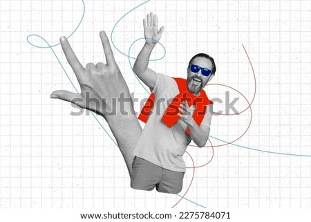 Magazine vintage collage of crazy aged man have fun rock concert with horned symbol gesture on plaid copybbok page background