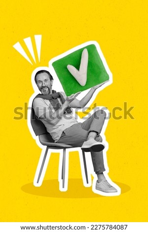 Creative poster banner collage of assistant man clerk sit chair hold check box advertise apply document form
