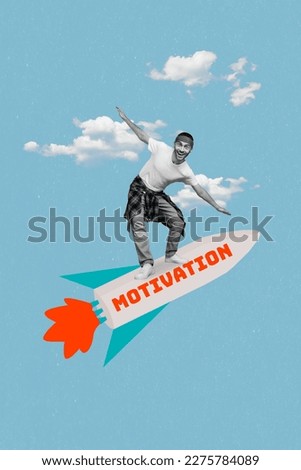 Creative magazine poster collage of crazy excited man full targets courage achieve flight fast motivation rocketship