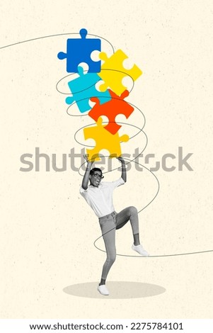 Template banner collage of confused worker guy lady hold many jigsaw parts unfit not match wrong business solution plan Royalty-Free Stock Photo #2275784101