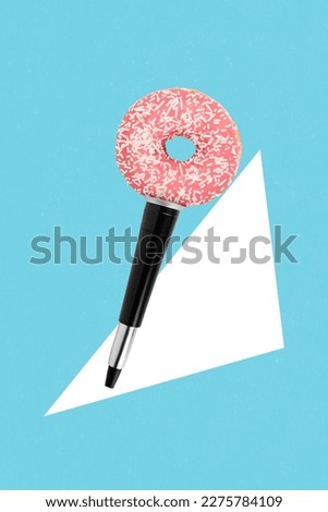 Creative banner magazine collage of innovative microphone with yummy sweet donut advertise festival occasion karaoke party