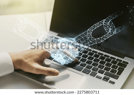 Creative abstract block chain technology sketch with handshake and hands typing on computer keyboard on background, future technology and blockchain concept. Double exposure