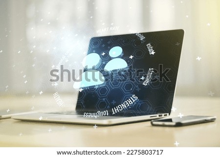 Creative abstract people icons sketch on modern laptop background, life and real estate insurance online concept. Double exposure