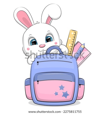 Cute cartoon blue with pink backpack with a white rabbit and school supplies. Vector illustration on a white background.