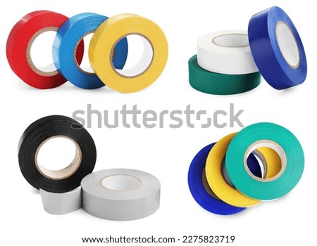 Collage with insulating tapes in different colors on white background