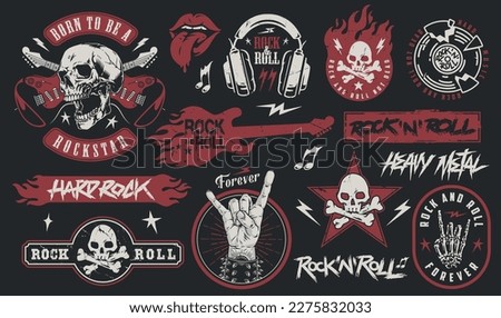 Rock culture colorful set logotypes with headphones and skulls with bones for clothes of performers at punk festival vector illustration